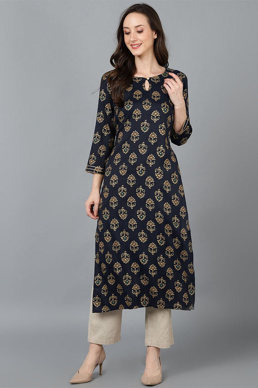 Ahika Black Cotton Blend Straight Kurta