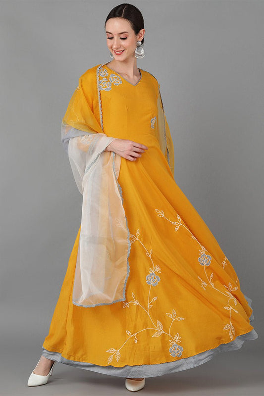 Ahika Mustard Silk Blend Flared Kurta With Dupatta
