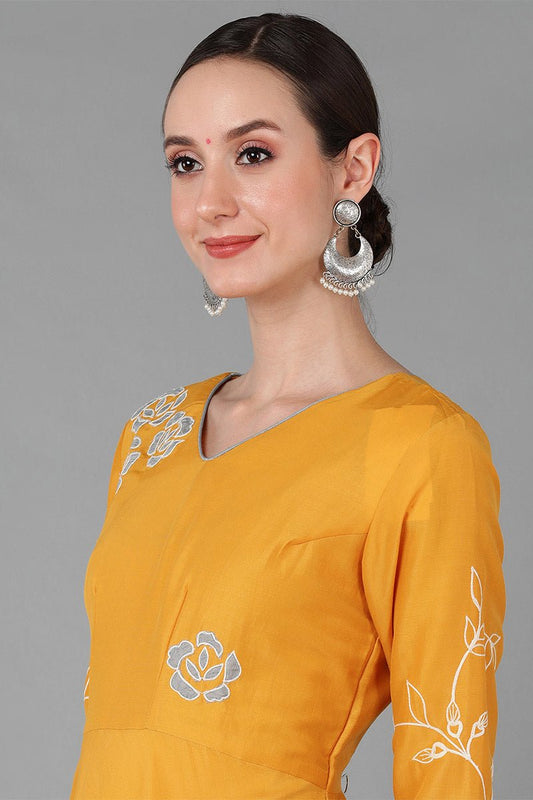 Ahika Mustard Silk Blend Flared Kurta With Dupatta