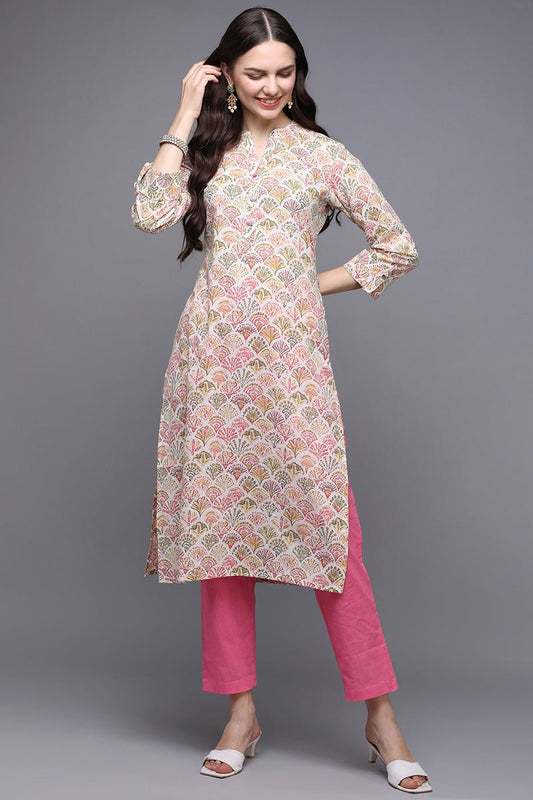 Ahika Beige Cotton Ethnic Printed Kurta