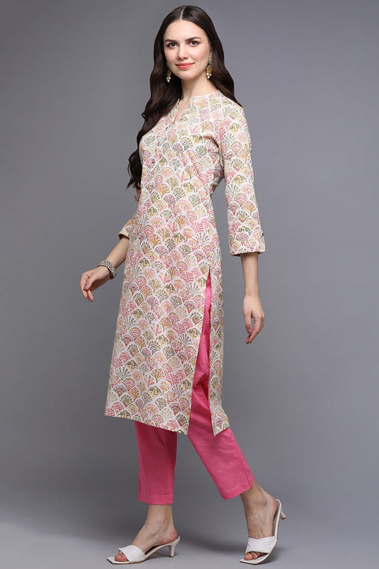 Ahika Beige Cotton Ethnic Printed Kurta
