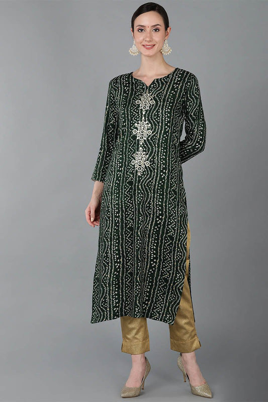 Ahika Green Viscose Rayon Ethnic Motifs Straight Kurta