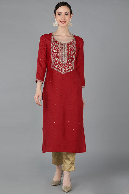 Ahika Red Chanderi Silk Solid Straight Kurta