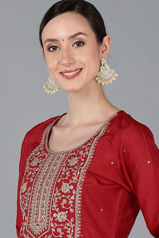 Ahika Red Chanderi Silk Solid Straight Kurta