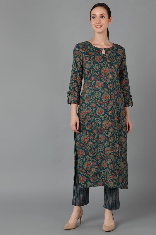 Ahika Green Cotton Straight Kurta