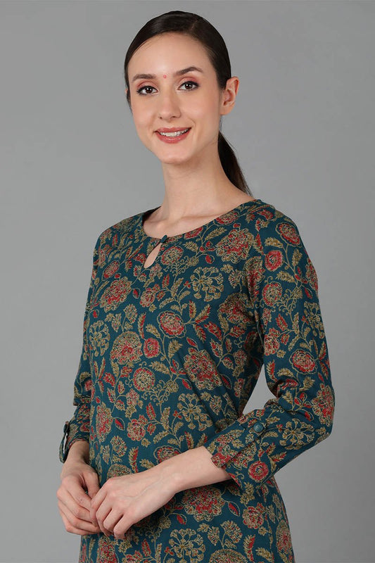 Ahika Green Cotton Straight Kurta