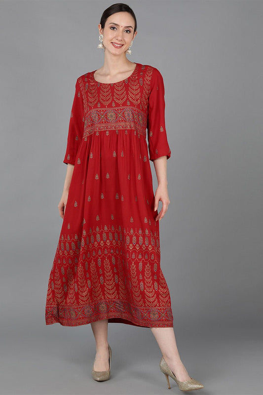 Ahika Red Viscose Rayon Ethnic Motifs A-Line Kurta