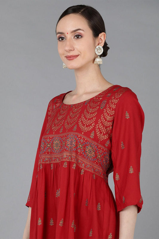 Ahika Red Viscose Rayon Ethnic Motifs A-Line Kurta