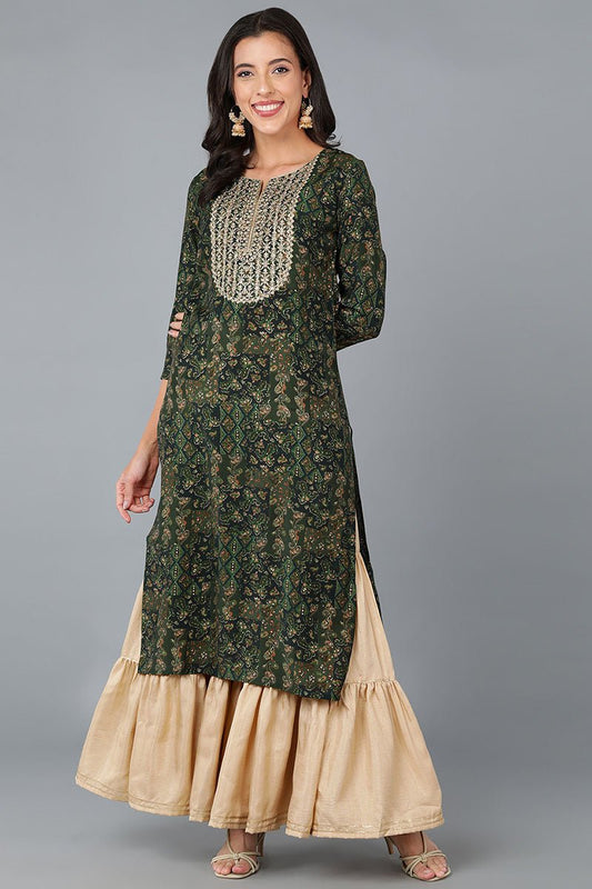 Ahika Green Silk Blend Abstract Yoke Design Straight Kurta