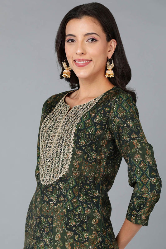 Ahika Green Silk Blend Abstract Yoke Design Straight Kurta