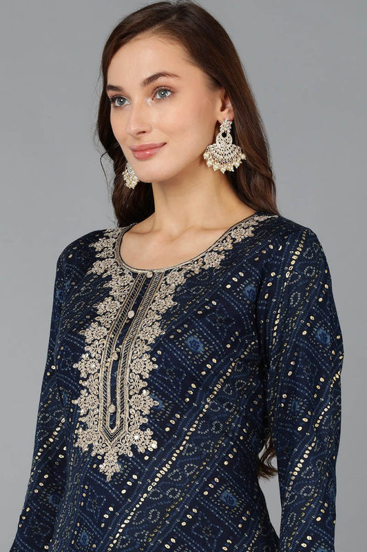 Ahika Navy Blue Viscose Rayon Bandhani Embroidered Straight Kurta
