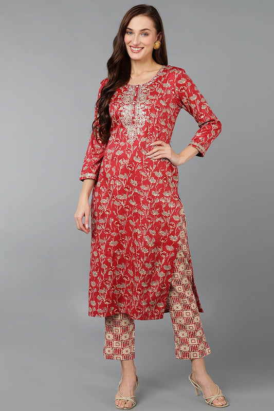 Ahika Red Silk Blend Floral Embroidered Straight Kurta