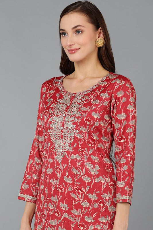 Ahika Red Silk Blend Floral Embroidered Straight Kurta
