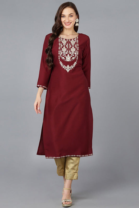 Ahika Maroon Silk Blend Solid Embroidered Straight Kurta