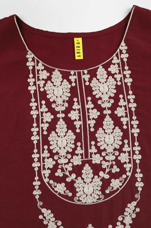 Ahika Maroon Silk Blend Solid Embroidered Straight Kurta