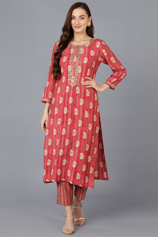 Ahika Red Silk Blend Abstract Embroidered Straight Kurta