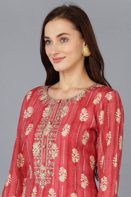 Ahika Red Silk Blend Abstract Embroidered Straight Kurta