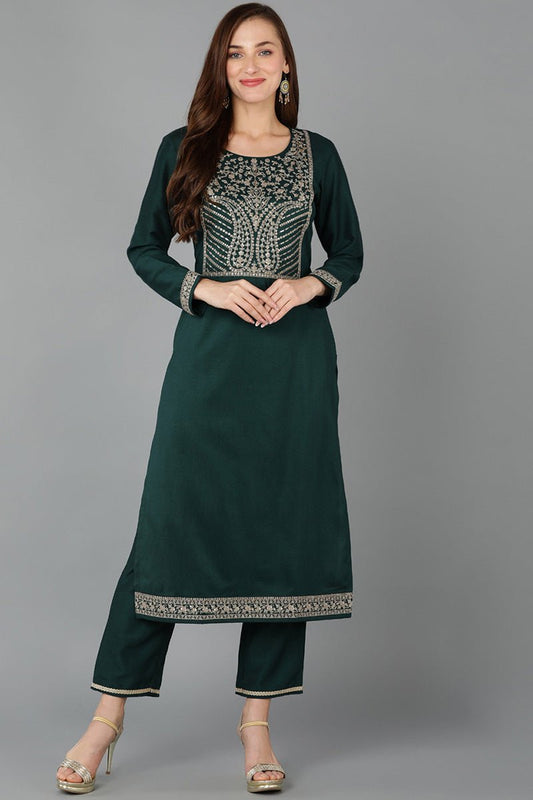Ahika Green Silk Blend Straight Kurta