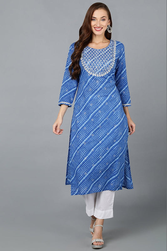 Ahika Blue Cotton Straight Kurtas