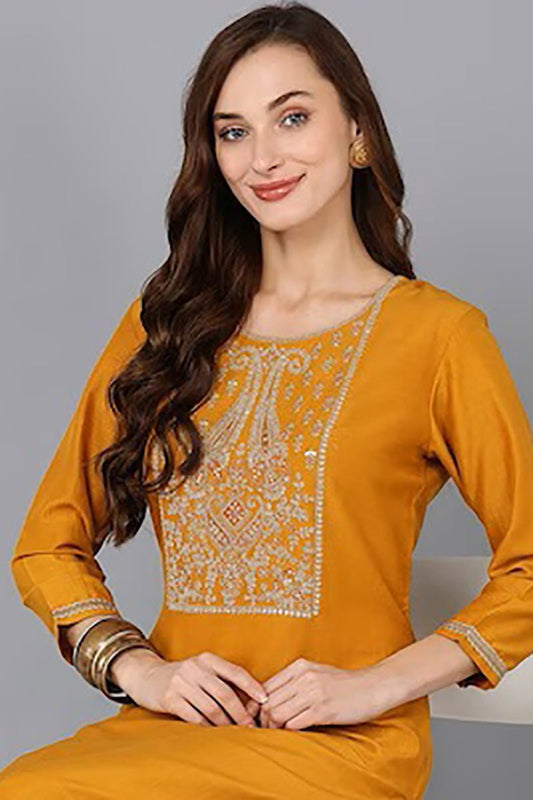 Ahika Mustard Silk Blend Solid Straight Kurta