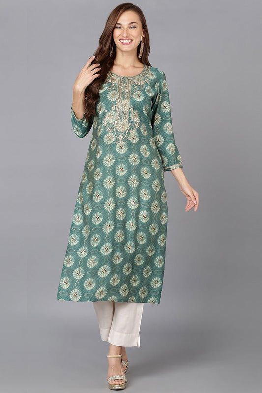 Ahika Green Silk Blend Straight Kurtas