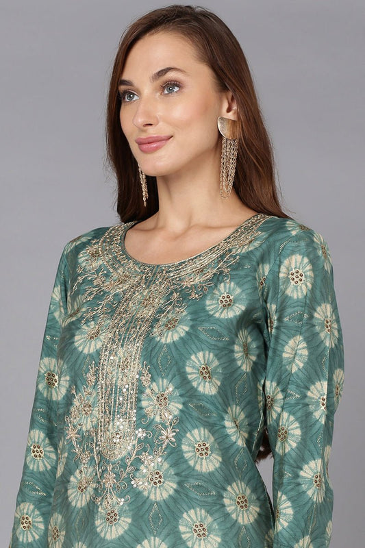 Ahika Green Silk Blend Straight Kurtas