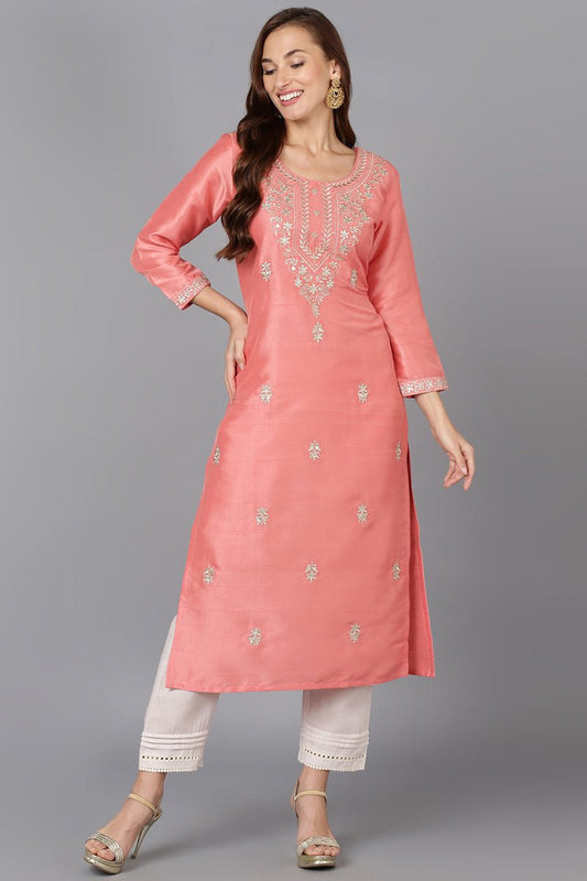 Ahika Pink Silk Blend Straight Kurtas
