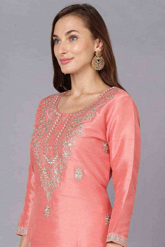 Ahika Pink Silk Blend Straight Kurtas