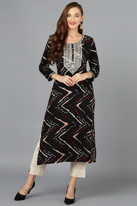 Ahika Viscose Rayon Black Printed Straight Kurta