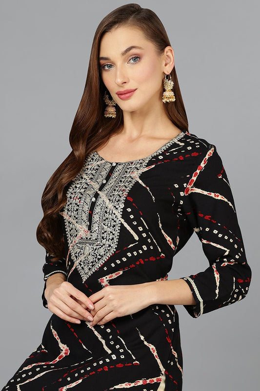 Ahika Viscose Rayon Black Printed Straight Kurta