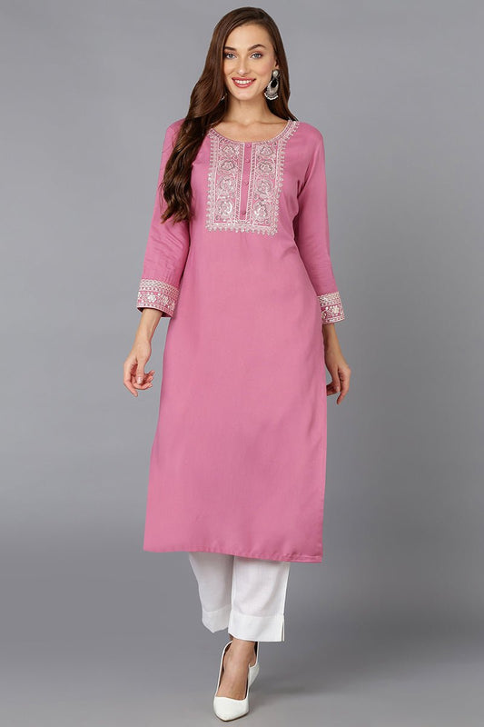 Ahika Pink Rayon Embroidered Straight Kurta