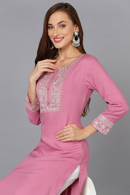 Ahika Pink Rayon Embroidered Straight Kurta