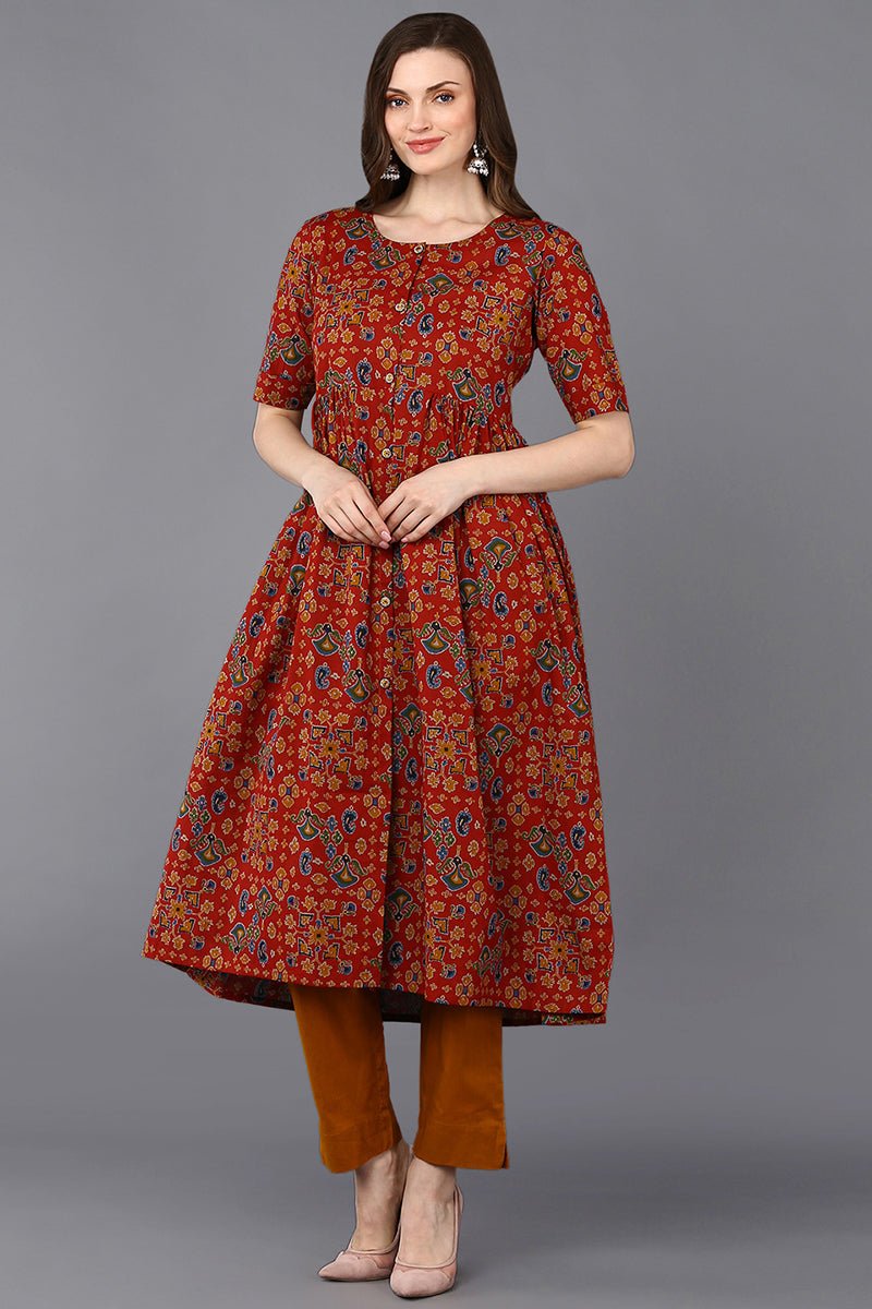 Ahika Cotton Red Floral Printed Flared Kurta | Grab2Buy