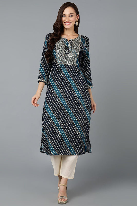 Ahika Cotton Blend Navy Blue Printed Straight Kurta