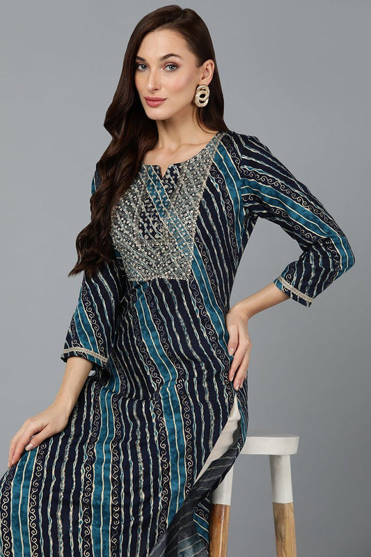 Ahika Cotton Blend Navy Blue Printed Straight Kurta