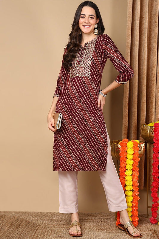 Ahika Burgundy Viscose Rayon Leheriya Printed Straight Kurta