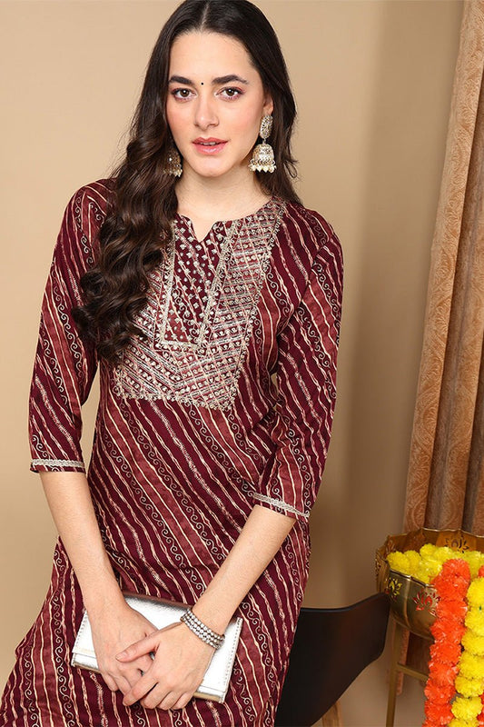 Ahika Burgundy Viscose Rayon Leheriya Printed Straight Kurta