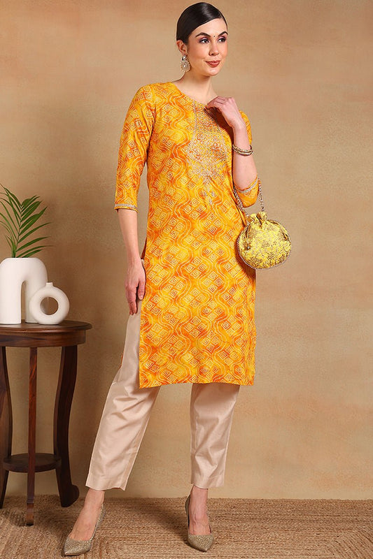 Ahika Yellow Viscose Rayon Bandhani Printed Straight Kurta