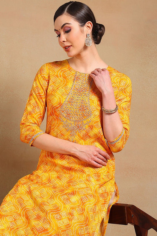 Ahika Yellow Viscose Rayon Bandhani Printed Straight Kurta