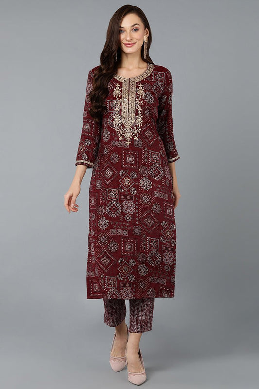 Ahika Cotton Blend Maroon Printed Straight Kurta