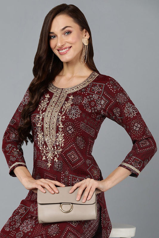 Ahika Cotton Blend Maroon Printed Straight Kurta