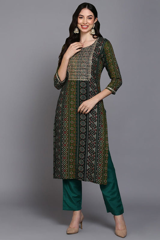Ahika Viscose Rayon Green Bandhani Printed Straight Kurta
