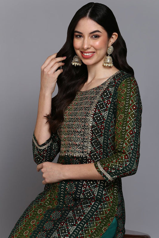 Ahika Viscose Rayon Green Bandhani Printed Straight Kurta