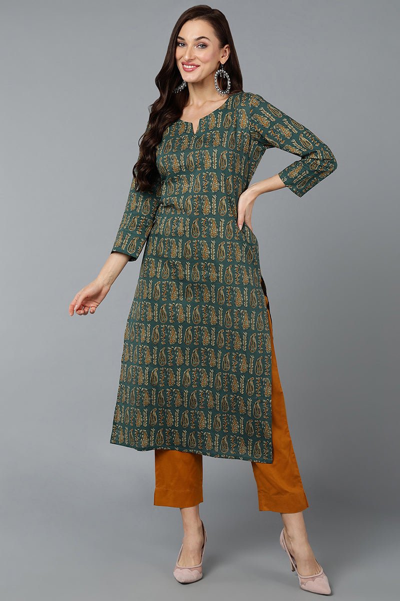 Ahika Cotton Blend Green Paisley Printed Straight Kurta | Grab2Buy