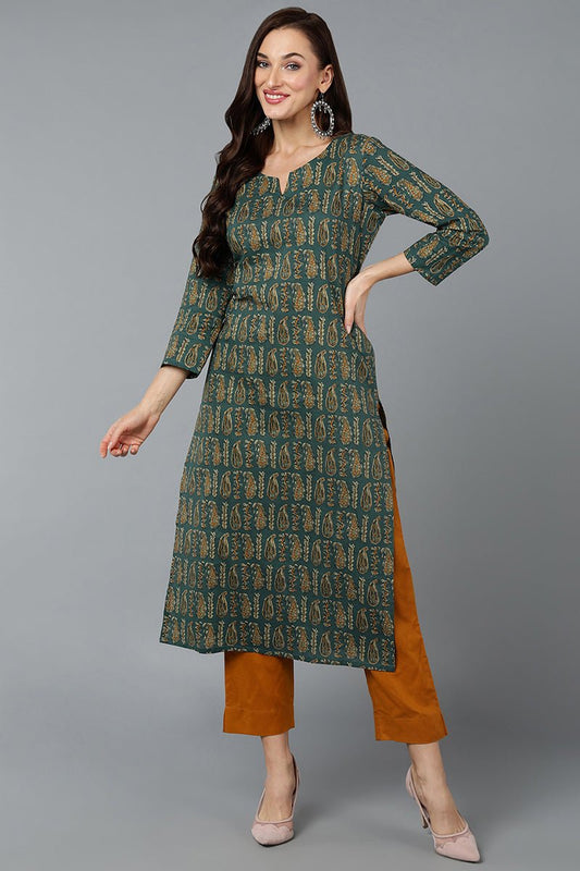 Ahika Cotton Blend Green Paisley Printed Straight Kurta | Grab2Buy