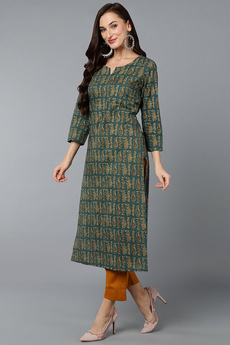 Ahika Cotton Blend Green Paisley Printed Straight Kurta 