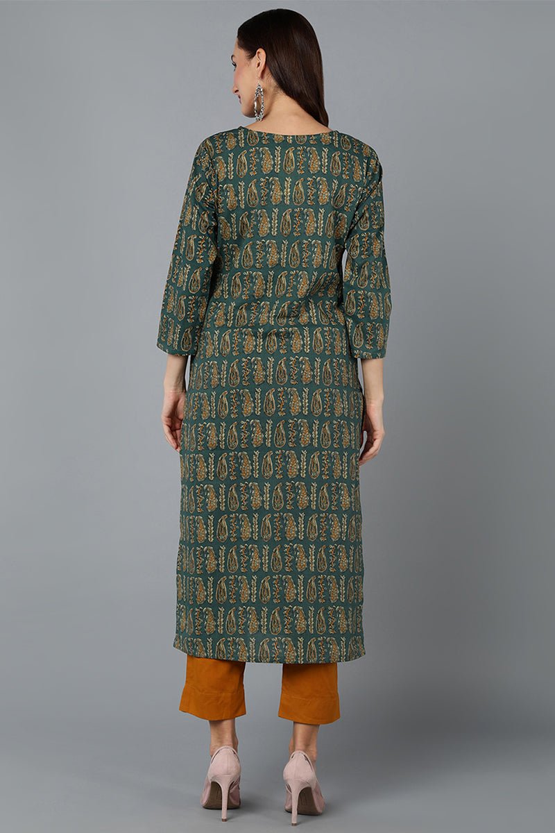 Ahika Cotton Blend Green Paisley Printed Straight Kurta 