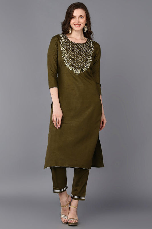 Ahika Mehndi Green Silk Blend Embroidered Straight Kurta
