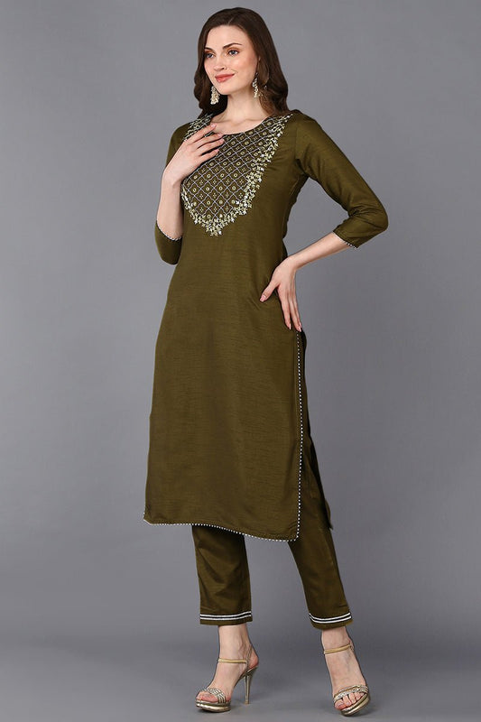 Ahika Mehndi Green Silk Blend Embroidered Straight Kurta