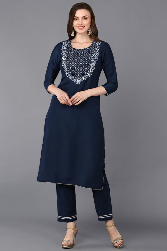 Ahika Navy Blue Silk Blend Embroidered Straight Kurta